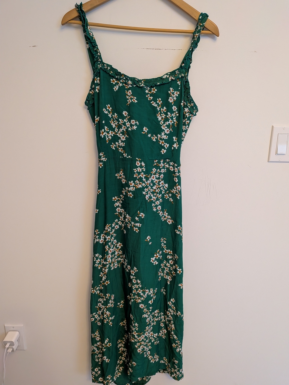 Faithfull the Brand Green Floral Midi Dress with White Blossom Print